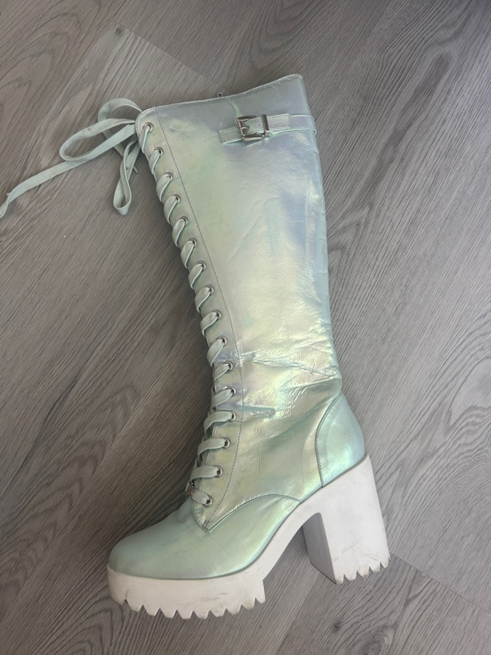 Iridescent Mint Lace-Up Platform Knee-High Rave Boots